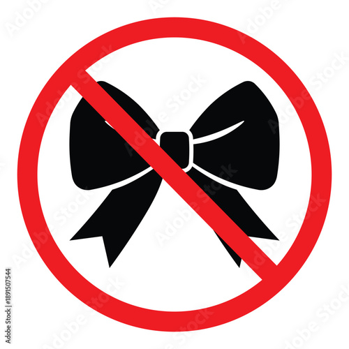 Ribbon bow prohibited icon. Red circle with slash over a black decorative bow. Sign indicating no gifts, no celebrations, or luxury item restrictions in a flat style.