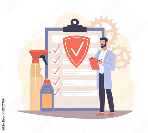 Product safety control. Laboratory scientist tests chemical cleaners, cleaning supplies quality control, supervisor monitoring detergent, certification standards vector cartoon concept