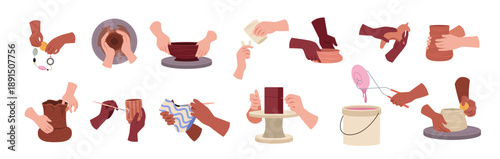 Potters hands. Ceramists work with clay, wheel modeling, glazing and painting, crockery creating, workshop crafting process, handmade art craft product, tidy vector cartoon isolated set