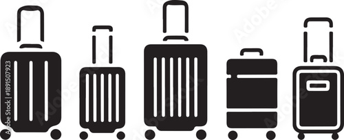 Five various sized luggage icons in a row on white background