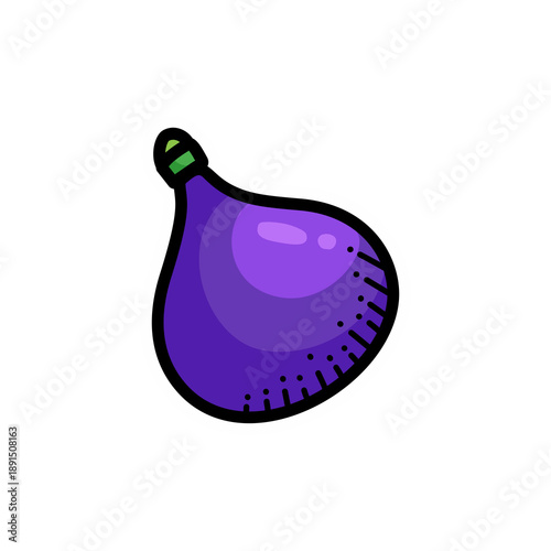 Simple cartoon illustration of a single purple fig fruit with a green stem, isolated on a white background.