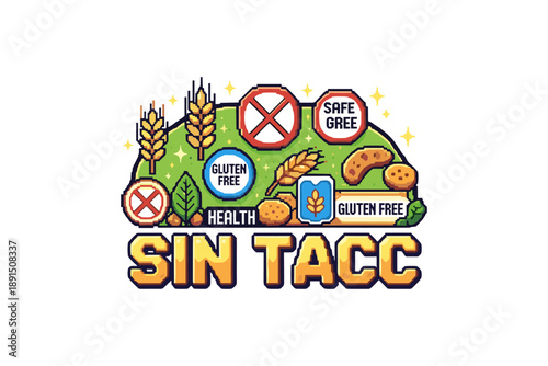 Pixel art sin tacc: gluten free icon set with wheat and health symbols