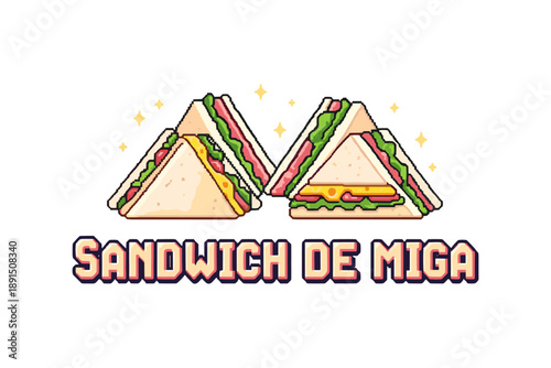 Retro pixel art sandwich de miga design with sparkling details and nostalgic style