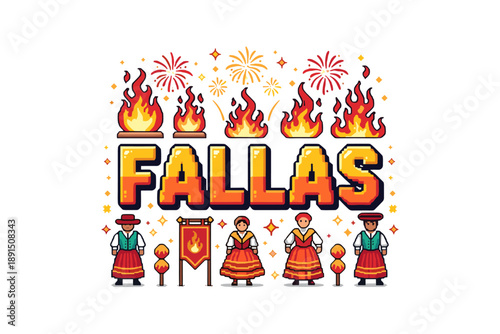 Colorful fallas festival celebration with fireworks and traditional costumes