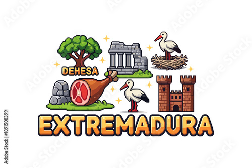 Colorful icons of extremadura landmarks and symbols in cartoon style