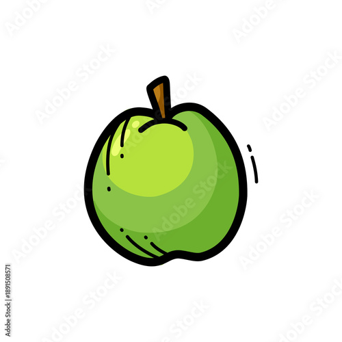 A charming cartoon illustration of a fresh green guava with a brown stem and dark outlines, depicted in a simple, playful style.