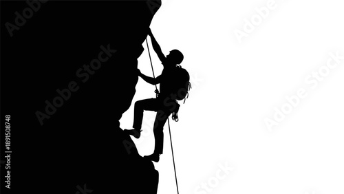 Silhouette of a rock climber ascending a steep cliff face.