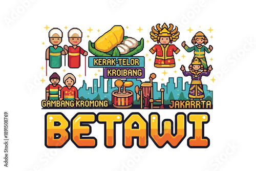 Betawi culture icons: traditional foods, music, and dance in vibrant flat style