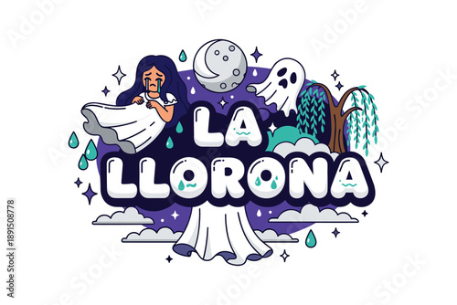La llorona mythical character design with ghosts and moon elements in cartoon style