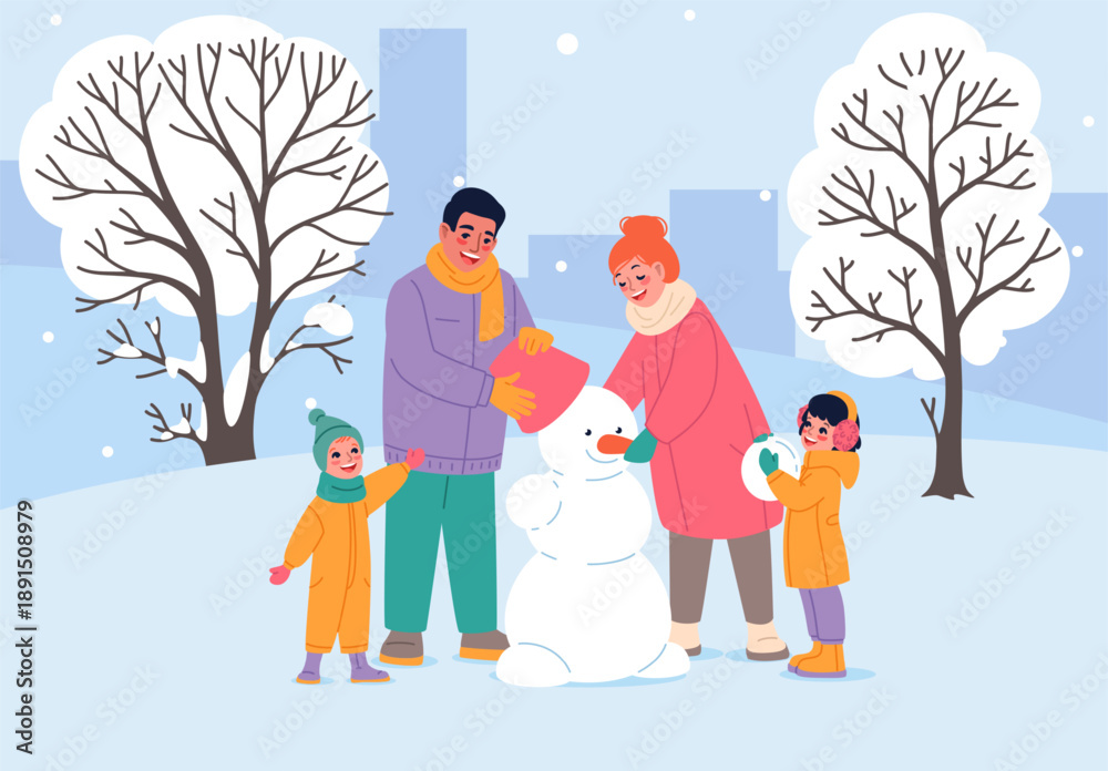 Fototapeta premium Happy family on winter walk. Parents and children build snowman, seasonal outdoor activities and games, warm clothes for snow weather, leisure time, classy vector cartoon isolated concept