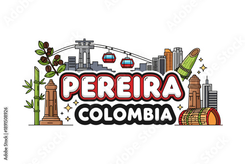 Pereira colombia skyline with cable cars and landmarks in flat design