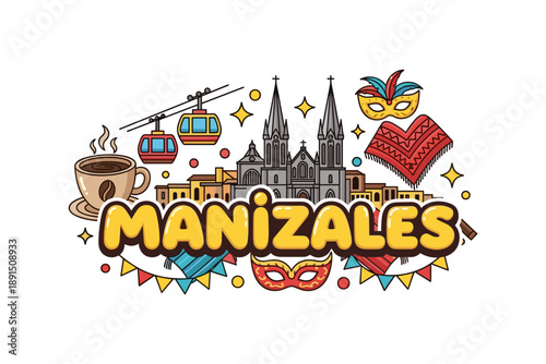 Colorful manizales travel design with coffee, cathedral, cable cars and masks