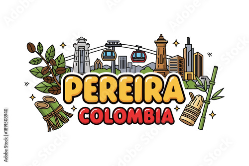 Colorful landmarks of pereira colombia with nature elements in flat design