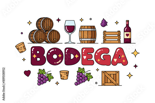 Colorful bodega theme with wine barrels, grapes, and bottle in whimsical style