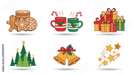 Christmas Icons Set: Cookies, Hot Chocolate, Gifts, Tree, Bells, Stars