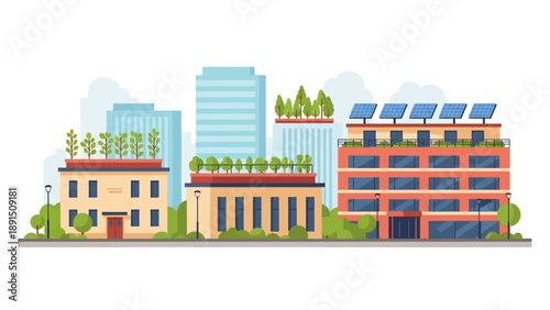 Sustainable urban landscape featuring modern eco-friendly buildings with green roofs and solar panels, promoting a greener and energy-efficient city environment