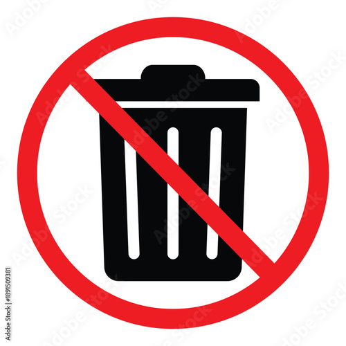 No littering icon with black trash can crossed by red prohibition symbol. Ideal for signage, environmental awareness, and waste management visuals in public or digital contexts.