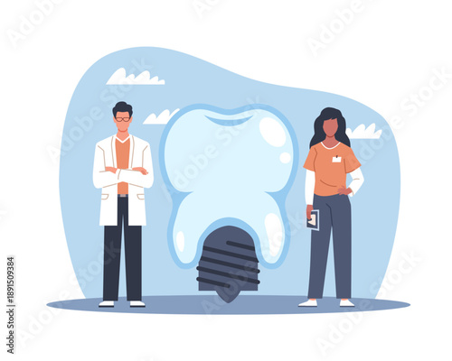 Dentures implants. Dental replacement, cosmetic dentistry and orthodontic, dentists man and woman, tooth with screw, oral surgery, treatment consultation vector cartoon isolated concept