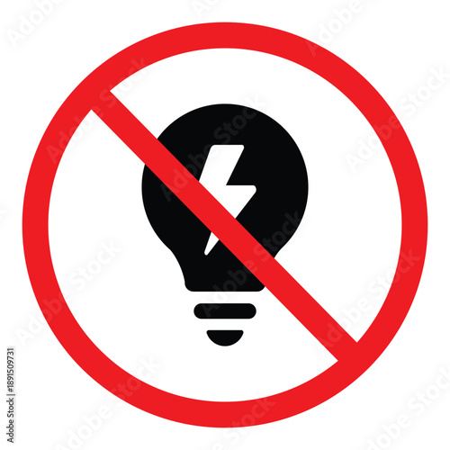 No light bulb sign featuring a lightning bolt inside a bulb with a red strike-through. Represents no electricity, restricted lighting, or a "no bright ideas" metaphor. Ideal for power saving.