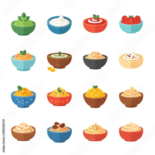 Assorted Cartoon Style Desserts in Bowls.