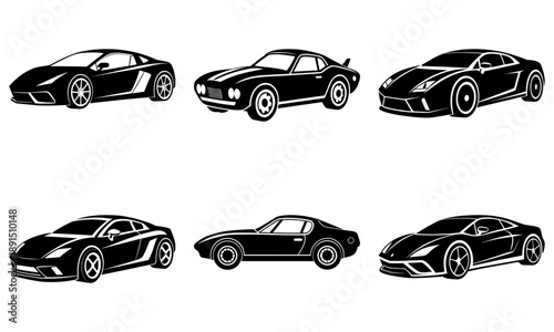 Collection of vintage and modern sports cars illustrated in black and white from a side view perspective