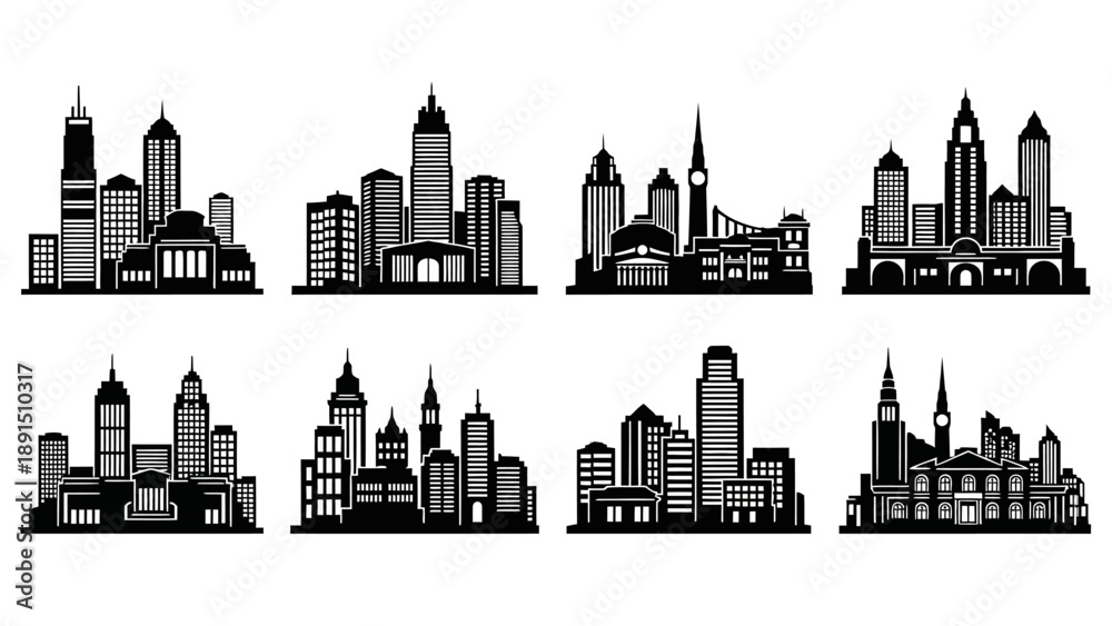 Fototapeta premium Cityscape Silhouettes: Diverse Architectural Styles Collection