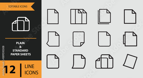 Minimalist line icons set showcasing various plain and standard paper sheets and documents