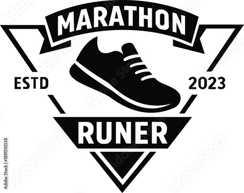 This logo design is tailored for marathon events or running clubs, featuring a bold emblem with a stylized running shoe at its center. The tiered text includes "MARATHON" at the top, "RUNER" at the bo