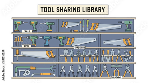 Tool Library For Sharing and Renting Equipment, A Comprehensive Collection of Tools Organized on Shelves