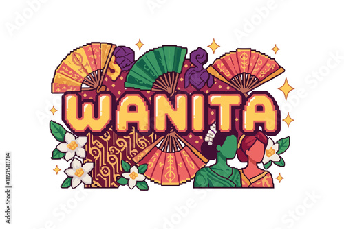 Colorful pixel art tribute to indonesian women with batik and floral patterns