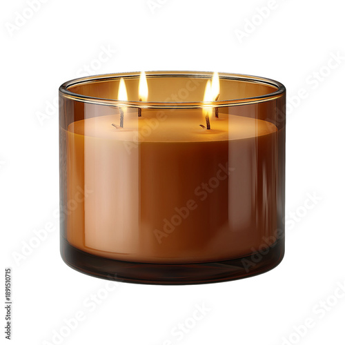 Three wick amber scented candle in a clear glass jar with burning flames isolated on a transparent background