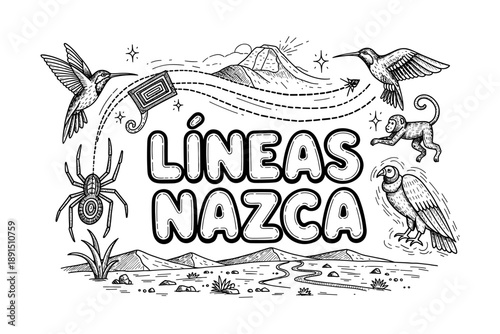 Hand-drawn nazca lines with animals and mountain landscape in black and white