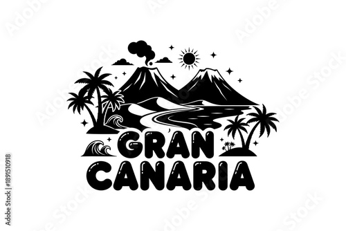 Tropical island adventure: gran canaria graphic with volcanic mountains and palms