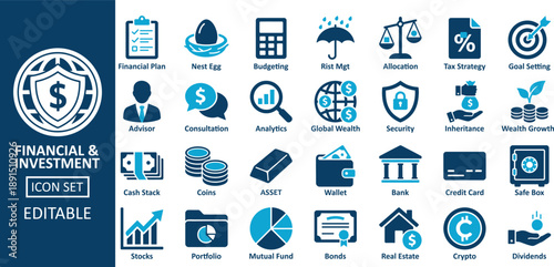 Financial and investment icons featuring wealth growth budgeting stocks and global banking for asset management
