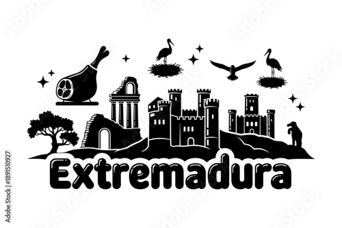 Silhouette of extremadura landmarks with wildlife and iconic ham