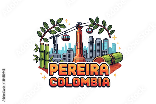 Pereira colombia cityscape with coffee and cable cars in vibrant cartoon style