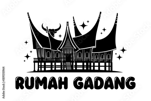 Traditional rumah gadang silhouette with star accents in black and white design