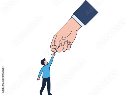 A giant hand offers support to a small figure reaching upwards. Illustrative concept of mentorship and encouragement. Modern, graphic style.