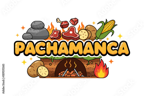 Traditional peruvian pachamanca with ingredients and earth oven cartoon style