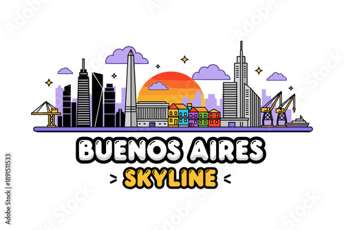 Colorful buenos aires skyline with urban landmarks and sunset