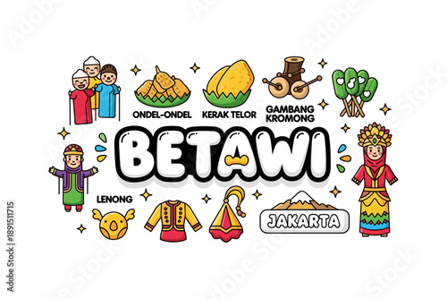 Colorful betawi culture icons featuring ondel-ondel, kerak telor, and traditional clothes