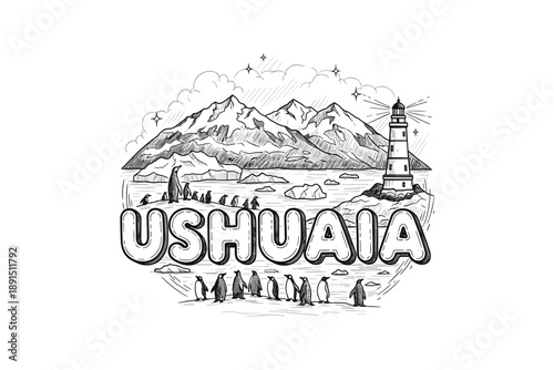Ushuaia adventure: stunning mountains, penguins, and lighthouse in hand drawn art