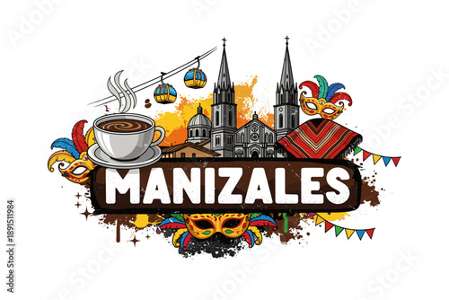 Manizales culture and coffee art with cathedral and cable cars
