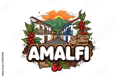 Colorful amalfi street with coffee and nature elements