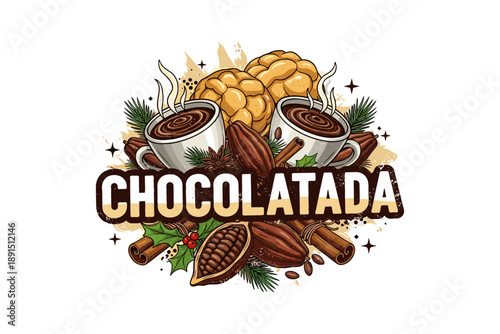 Hot chocolate delight with spices and cocoa elements on a white background