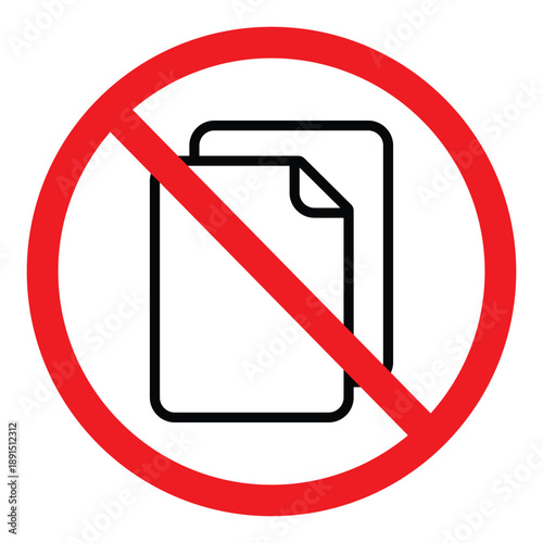 No copy icon with red prohibition circle. Vector illustration representing restricted duplication or no multiple files. High-quality graphic for digital copyright and data protection.