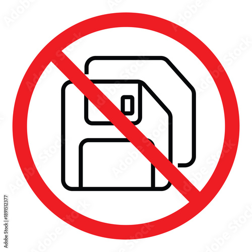 No save icon with red prohibition sign over floppy disk symbols. Represents restricted storage, read-only access, or forbidden saving. Flat vector design for software