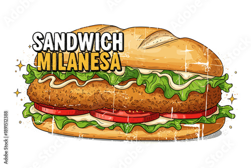 Delicious breaded chicken sandwich with lettuce and tomato in cartoon style