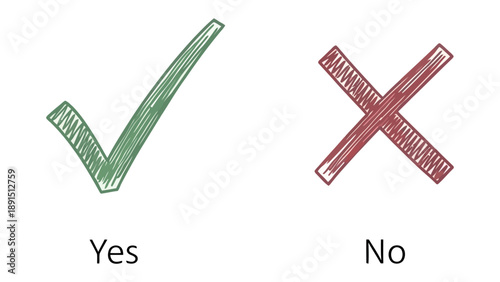 фотографія Yes and No Icons: Captivating hand-drawn yes and no icons, one a vibrant green check mark symbolizing affirmation and the other a bold red 'X' signifying negation