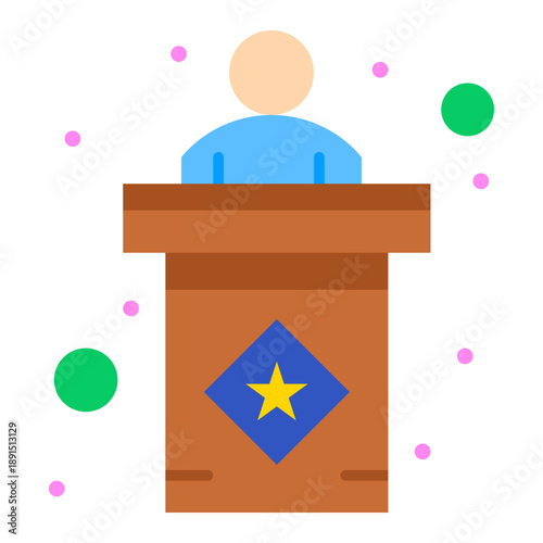 Symbolic Public Address: An illustration depicts a minimalist figure standing at a podium, conveying themes of communication, speeches, oratory, and public engagement.